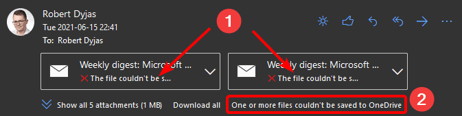 Error indicators for saving attachments to OneDrive